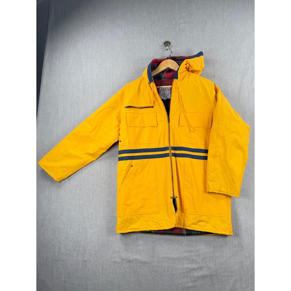 J.G. Hook Yellow Nautical Rain Jacket Hooded Plaid Flannel‎ Lined Parka Small